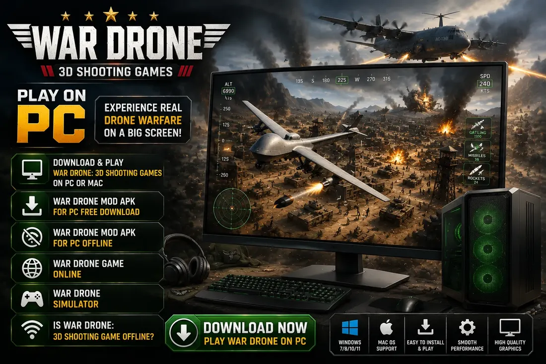 War Drone MOD APK running on a PC monitor with drone combat on screen
