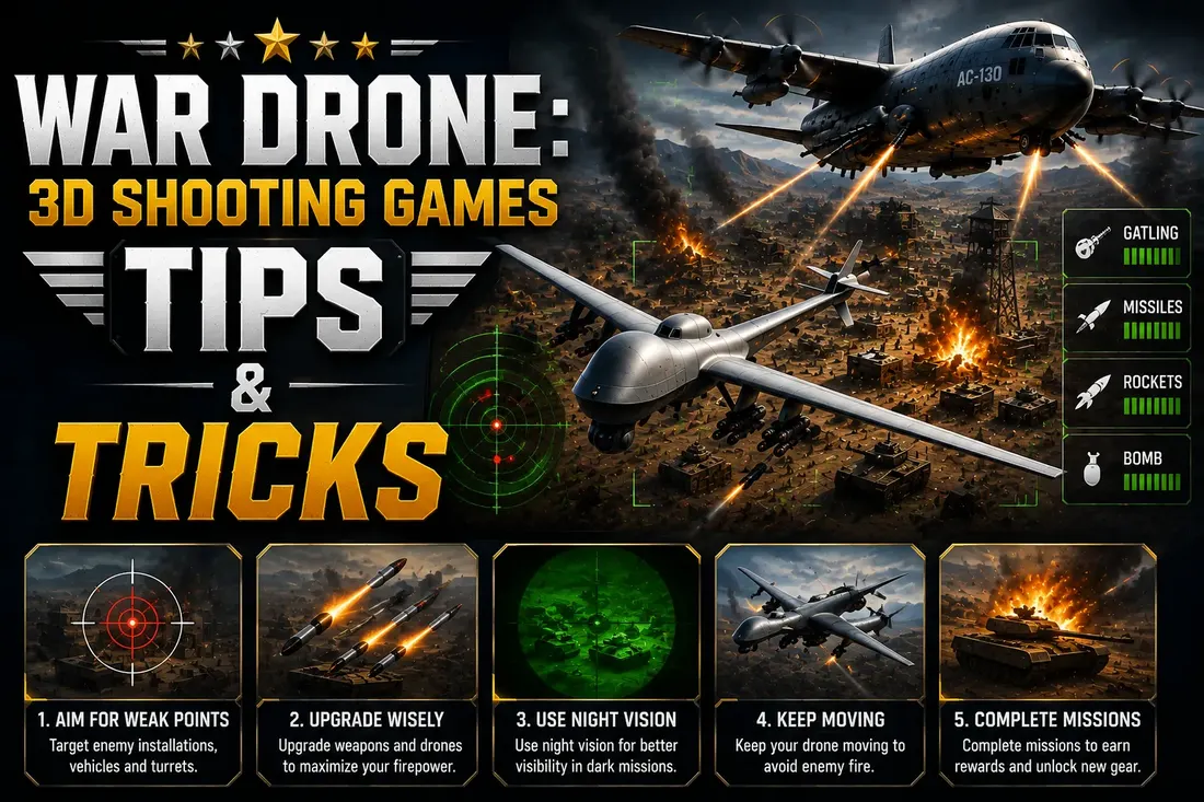 War Drone 3D Shooting Games tips covering aiming, upgrades and night vision